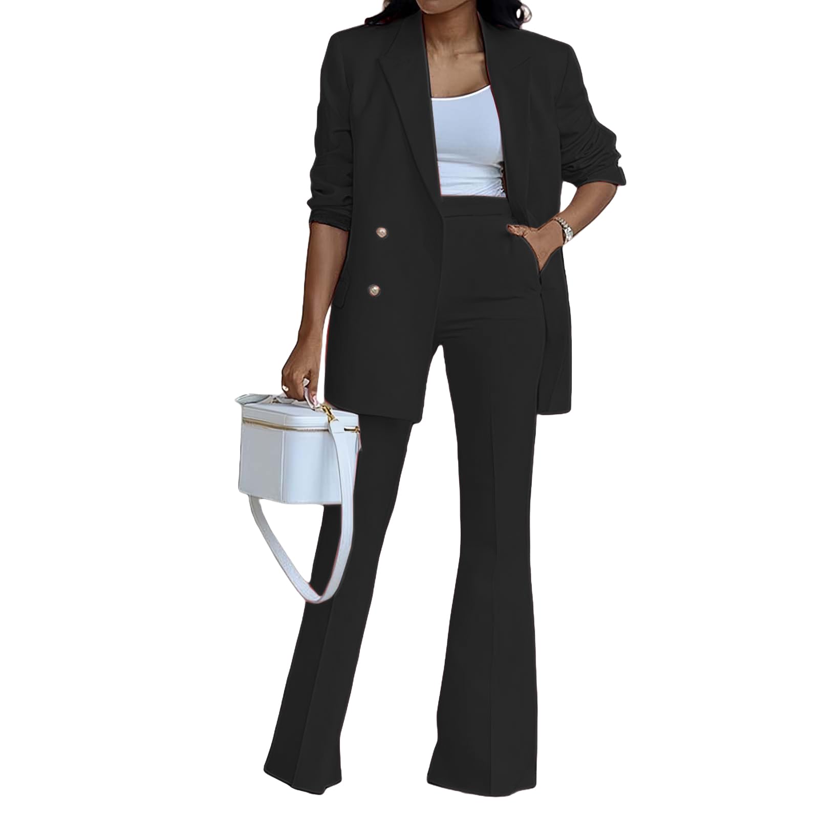 Womens Suits 2 Piece Set Business Casual Double Breasted Blazers Jacket Wide Leg Dress Pants Suits Casual Office
