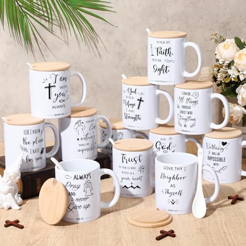 Set de 12 tazas cerámicas religiosas con tapa y cuchara miniatura 3