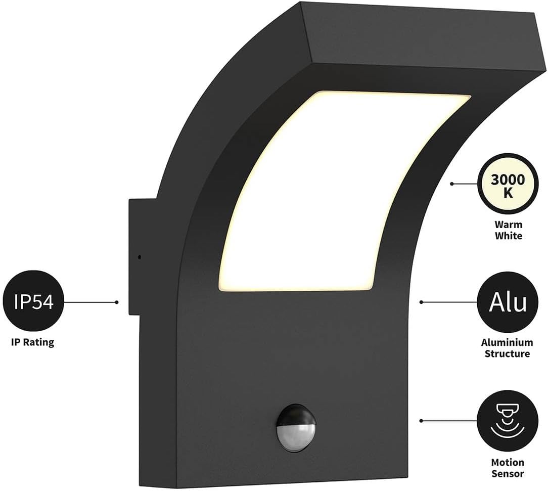 Arcchio Advik LED Outdoor Wall Light features diagram showing IP54 rating, 3000K warm white light, aluminum structure, and motion sensor
