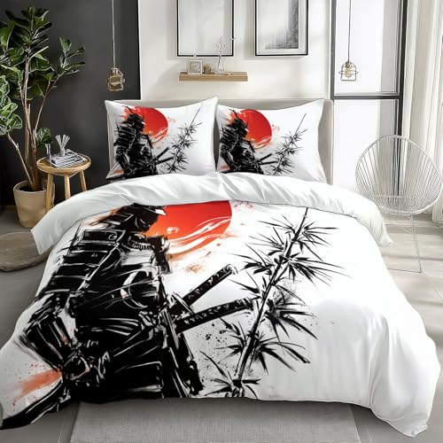 White Bedding Sets Japanese Samurai Red Sun Print Duvet Cover Set, Comforter Cover Full Size Soft Breathable Reversible 3-Piece Bedding for Kids Teens
