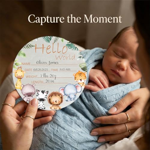 Image of Woodland Baby Name Sign 6 inch Round Wood Birth Announcement for Nursery | Round Birch Wood Baby Name Sign, Woodland Nursery Decor With Giraffe Elephant Design, Idea for Newborn, Baby Shower Gifts