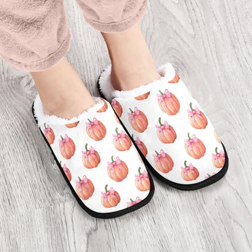 Autumn Pumpkin Pink Bow Slippers For Women Men Soft Memory Foam Non-Slip Hallowmas Winter Indoor House Shoes Travel Slipper4