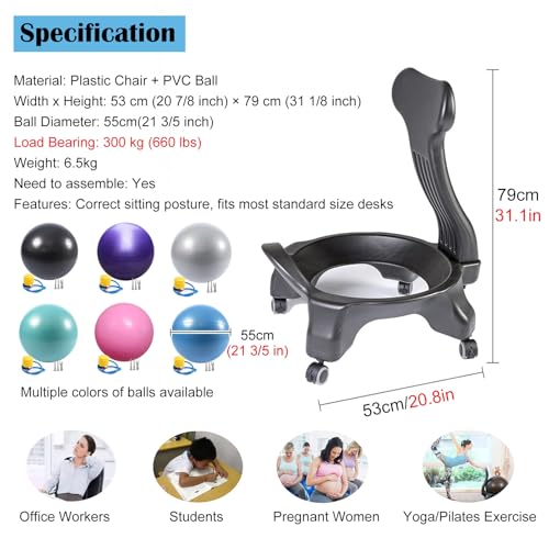 RENLXFI 55cm Exercise Balls Physical Therapy with Chair & Pump, Ergonomic Balance Ball Chair Stool for Home Office School Gym Prolonged Sitting, Pregnancy Ball Fitness for Labor Chairs