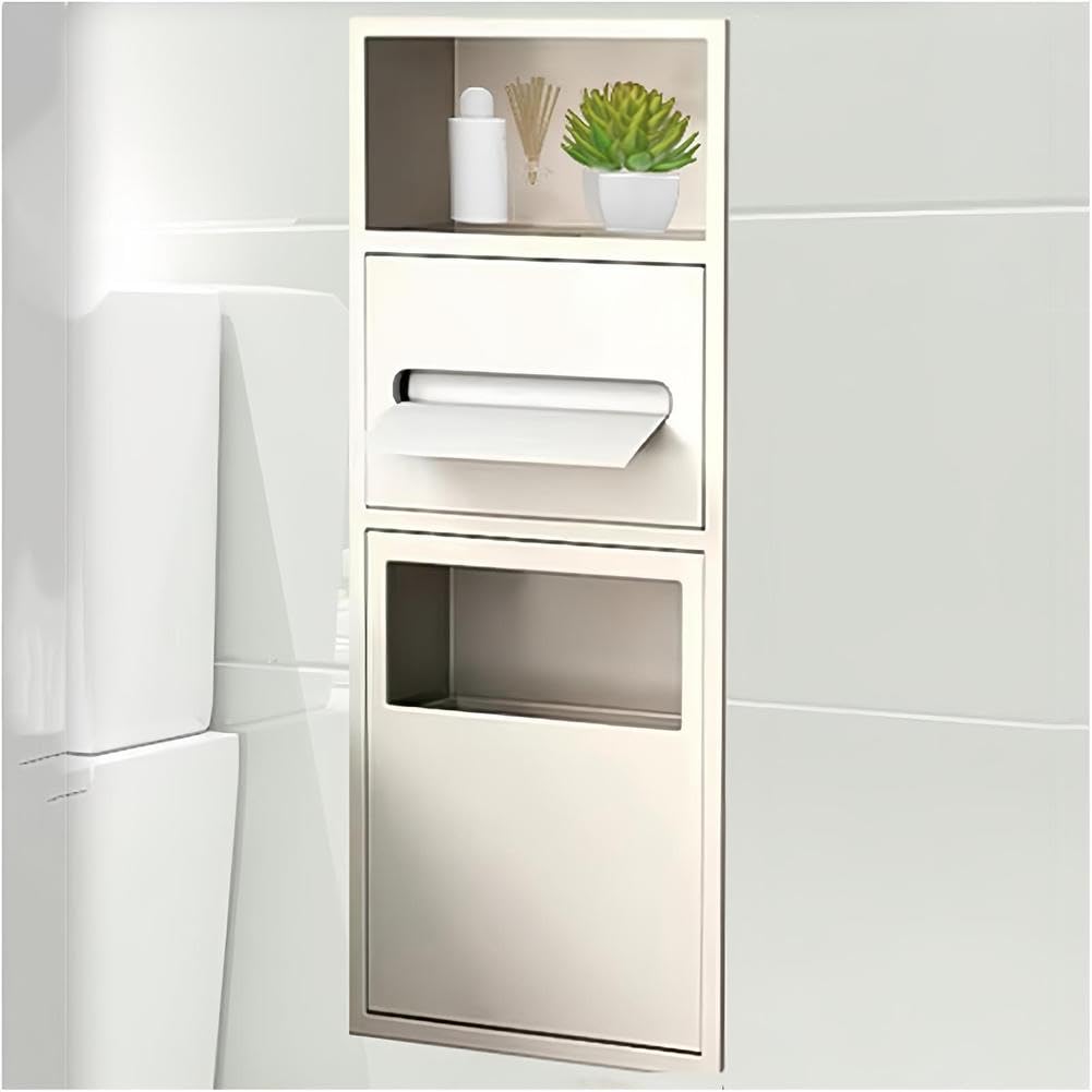 TIANQIHAO Stainless Steel Shower Niche With Built-In Trash Can And Toilet Paper Holder, Space-Saving Bathroom Storage For Homes, Restaurants, Hotels,White-70X28X13.5cm