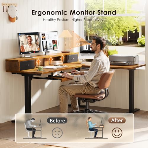 Image of OffiGo 59 Inch L Shaped Electric Standing Desk with Drawers, Rustic Brown