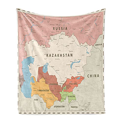 Lunarable Map Throw Blanket, Retro Central Asia Political Russia Kazakhstan Uzbekistan Turkmenistan Tajikistan, Flannel Fleece Accent Piece Soft Couch Cover for Adults, 70" x 90", Multicolor