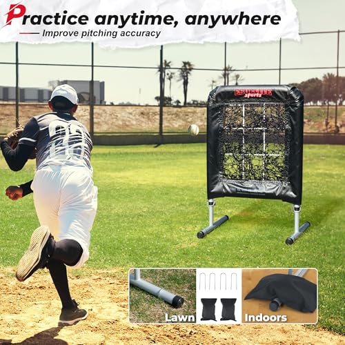 Heavy-Duty 9 Hole Pro Style Baseball & Softball Pitching Net with Strike Zone Target - Adjustable Portable Design for Training, Includes 4 Stakes & 2 Sandbags(Black)