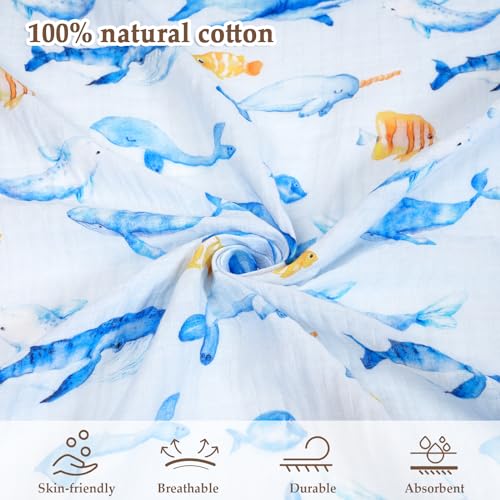 Image of david's kids 4 Pack Baby Muslin Swaddle Blankets, 100% Cotton and Ultra Soft Breathable Receiving Blanket Wrap for Boys Girls, New Born Essentials, Large 47 x 47 inches, Whale