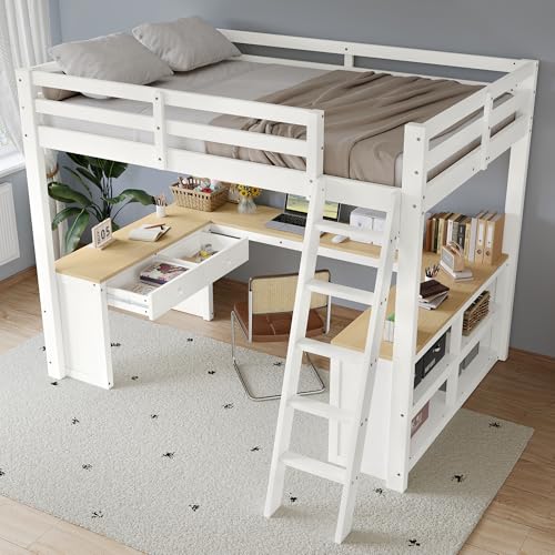 LAKFEW Cama Alta 140x200 cm con Escritorio en Forma de U, Cama Infantil con 2 Cajones y Estante Almacenamiento, Camas Infantiles Altas con Escalera y Protección Anticaída, Blanco+Natural, Sin Colchón