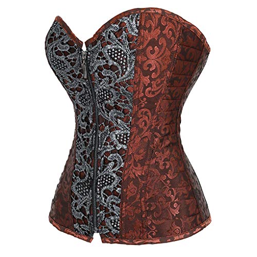 Frawirshau Steampunk Corset Top Floral Bustier Brown Corset Plus Size Brocade Corset Overbust Corset Zipper Size Medium #TOP1