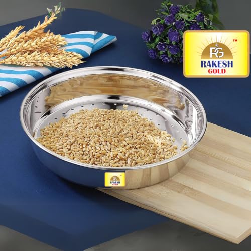 Image of Rakesh Gold Stainless Steel Colander & Strainer for Kitchen Use - Multi-Use Channi /Steel Chalni with Holes for Washing Rice, Fruits, Vegetables & Wheat (Regular Size) (Extra-Large, Hole CHALNI)