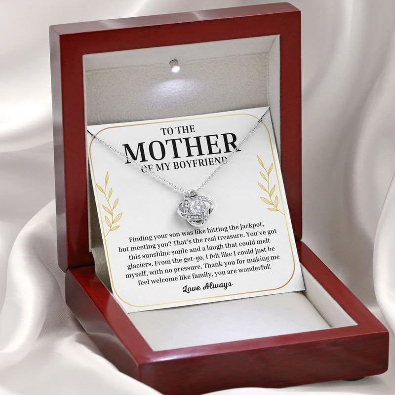 To My Boyfriend's Mom Necklace Message Card Box Love Knot Silver Mahogany - Finding Your Son Was Like - Relationship Mother's Day Anniversary
