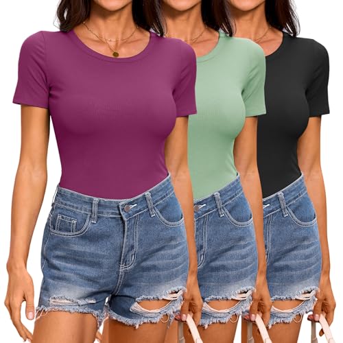 YGOODM Tshirt Damen Sommer, Tank Top Sexy Oberteile Kurzarm Gerippt Basic Tshirt Slim Fit Stretch Casual Tops