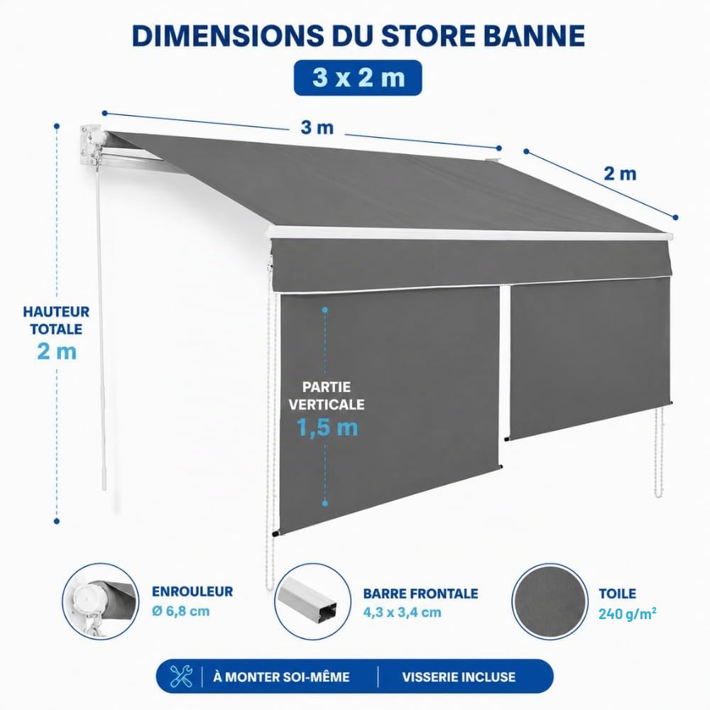TERRE JARDIN Store Banne Manuel Rétractable 2 en 1 avec Pare-Vue Vertical - Store Extérieur Anti-UV et Déperlant pour Terrasse, Balcon et Jardin - Toile Polyester 240 g/m² - 3 x 2 - Gris