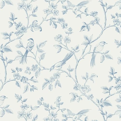 Yomshi Papier Peint Autocollant Bleu 41 × 600 cm Film Adhésif pour Meubles Fleurs et Oiseaux...
