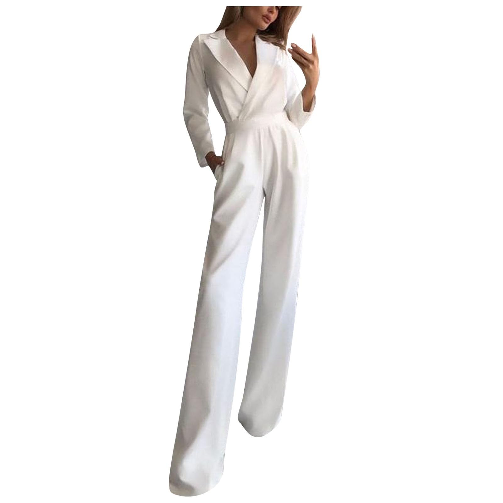 Jumpsuit Damen Elegant Einfarbiges V-Ausschnitt Hohe Taille Festlich Hochzeit Hosenanzug Langarm Overall Straight Leg Blazer Business Sommer Playsuit