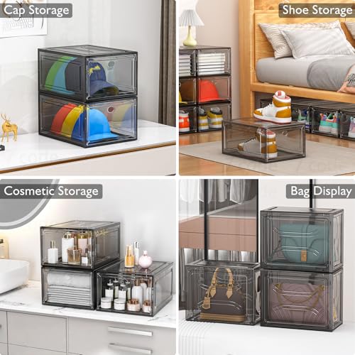 Image of 7 code Thicken & Sturdy Clear Shoe Storage Organizer with Magnetic Door, Stackable Boxes for Closet, Foldable Shoe Rack for Sneaker Boot Container, Plastic Shoe Cabinet Shoe Box 6 Pack, Black
