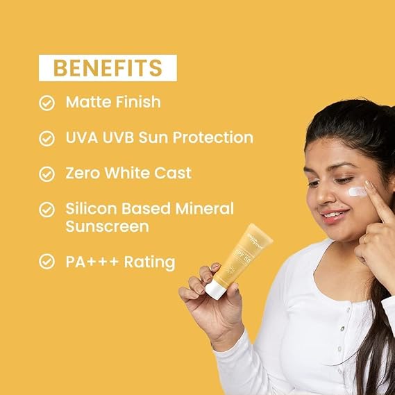 Matte Mineral Sunscreen SPF 50 with 9% Zinc Oxide for Daily Use | PA+++, Zero White Cast & Non-Sticky, Matte Finish | Men & Women | - 50ml