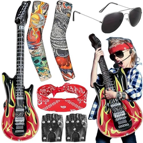 AXERHK Kids Rock Star Costume 7 Pieces with Guitar Inflatable Sunglasses Gloves Tattoo Sleeves Bandana Punk Accessories for Men and Women 80s Disco Party