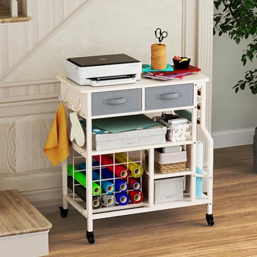 Image of Organization and Storage Rolling Craft Organizer Cart Compatible with Machine Cart with Drawers Vinyl Roll Holder Storage Cabinet for Home Craft Room