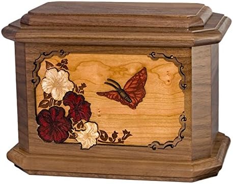 Wood Cremation Urn - Walnut Butterfly Octagon