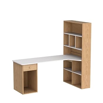 Amazon | QQXX モダンL字型デスク 収納棚付き 木製コーナー