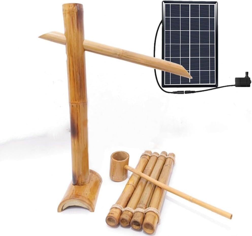 Bamboo Water Fountain Kit with Solar Water Pump, Bamboo Raft & Water Ladle, DIY Indoor/Outdoor Zen Garden Water Features, Japanese Garden Decor,One Color-31in