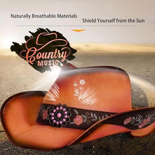Image of Cowboy Hats for Women, Brown Cowgirl Hats Classic Straw Western Hats for Women Music Festival Party Beach.