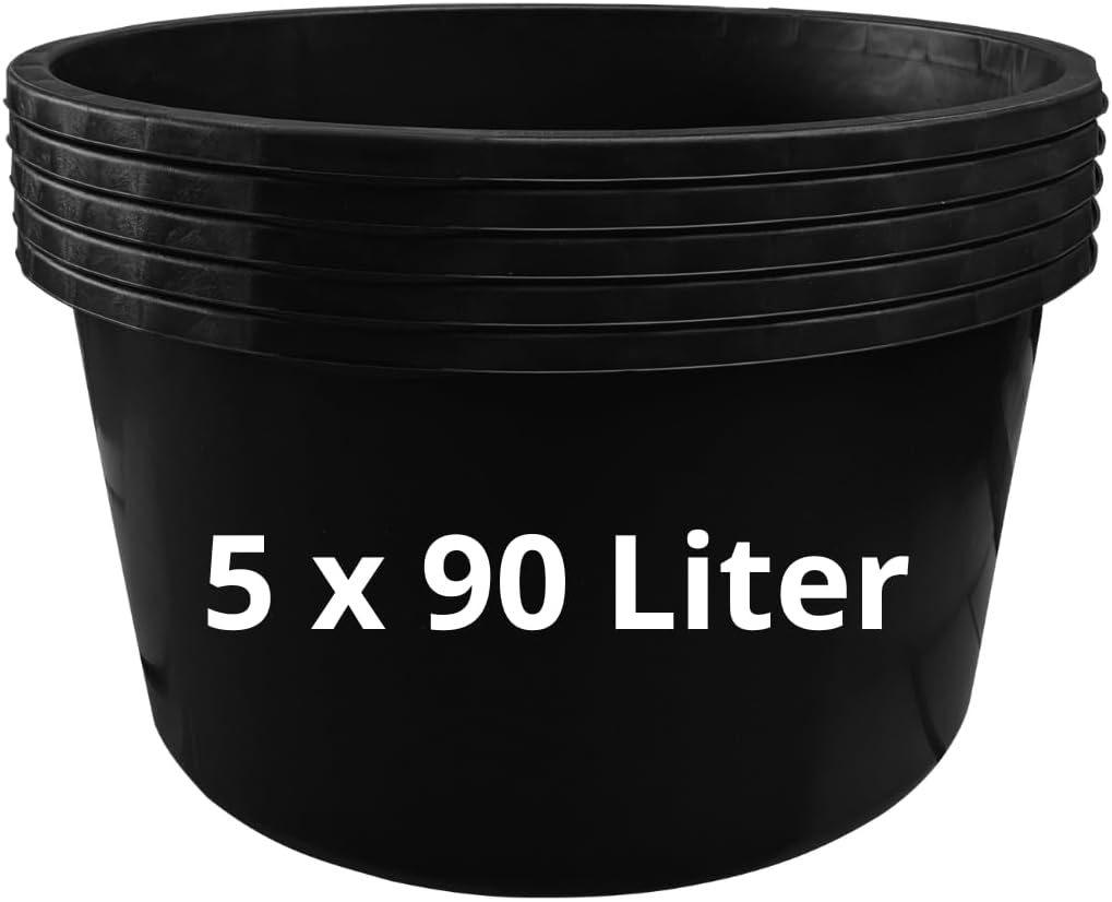 Mörtelkästen 65-90 liter | Mörtelkübel rund oder eckig | Kunstoff-Wannen in Markenqualität | Pflanzkübel für Hochbeet (5 x 90l rund)