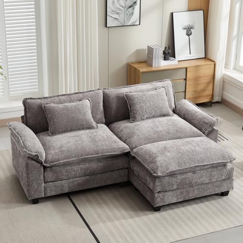 Image of Oprisen 86 inch Modular Sectional Sofa, Comfy Cloud Couch Sectional Sofa with Ottoman, Chenille Sofa Sleeper Deep Seat Sofa with Throw Pillows for Living Room (Light Gray, 86 inch- L Shape)