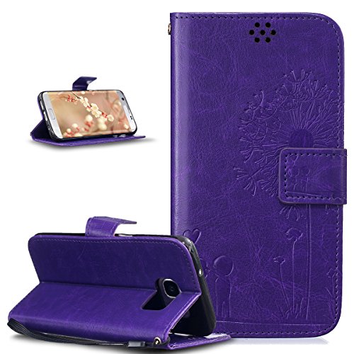 Galaxy S7 Edge Case,Galaxy S7 Edge Cover,ikasus Embossing Love Dandelion Lovers Pattern PU Leather Flip Fold Wallet Pouch Wallet Flip Stand Credit Card ID Holders Case Cover for Galaxy S7 Edge,Purple