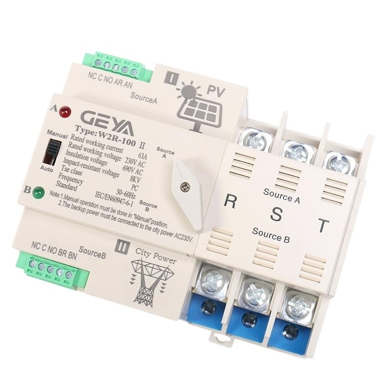 Magnetotermico 16a Interruptor de transferencia automática de energía solar 2P 3P 4P 63A AC220V ATS Sistema fotovoltaico de energía a la ciudad Magnetotermico (Color : 2P 100A, Size : PV 110V)