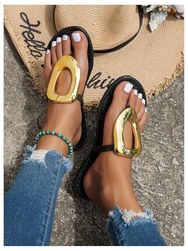Image of GORGLITTER Women's Gold Flip Flops Square Toe Summer Sandals 2026 Wedding Dressy Vacation Beach Slides Shoes