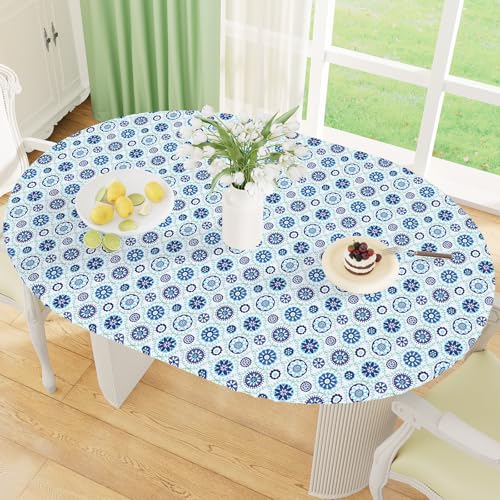 misaya Oval Fitted Vinyl Flannel Backed Tablecloth with Elastic Edge