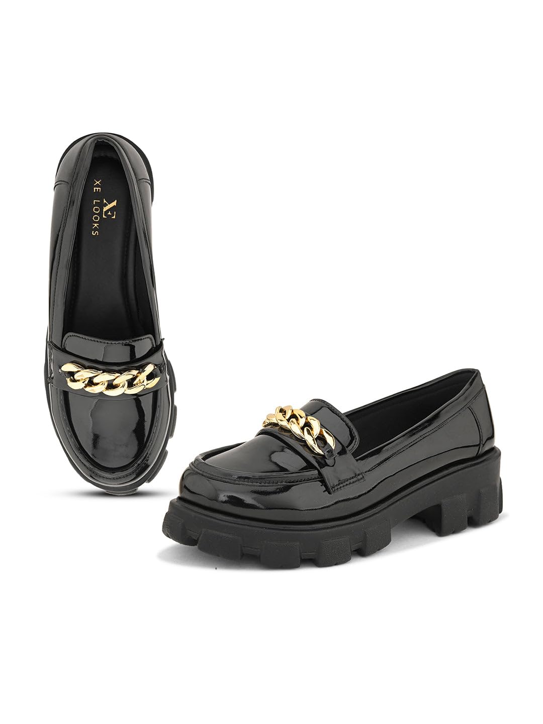 XE Looks Glossy Loafers with Chunky Sole and Gold Chain Accent for Girls & Women