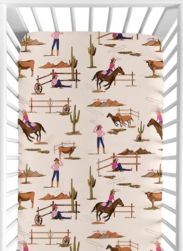 Image of Sweet Jojo Designs Western Cowgirl Girl Baby Fitted Crib Sheet Infant Newborn Nursery Toddler Bed Room Standard Mattress Wild West Vintage Country Retro Animal Horse Southwest Beige Brown Pink Blue