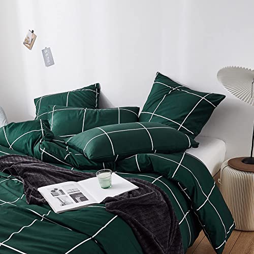 Couturebridal Green Plaid Duvet Cover Queen Size Soft Dark Green Buffalo Check Duvet Cover Geometric Printed Bedding Set 3 Pieces Microfiber Comforter Cover With Zipper Closure Ties For Men Women #TOP6