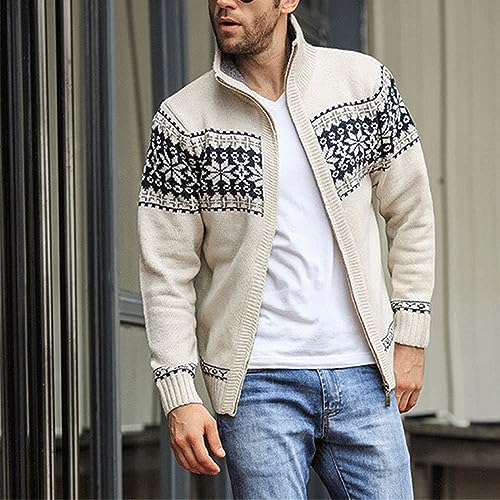 Winter Men's Jacquard Sweater Coat Print Knitted Cardigan Turtleneck Full Zip Casual Warm Wool Sweater3