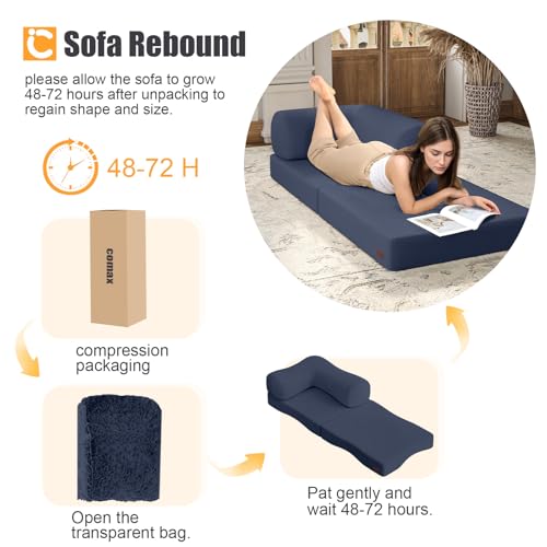 COMAX Folding Sofa Bed, Fold Out Chair Bed, Foldable Sofa, Convertible Sleeper for Adults, Futon Chair Single Small Floor Couch for Spaces, Bedroom Living Room Guest Room, Navy Blue
