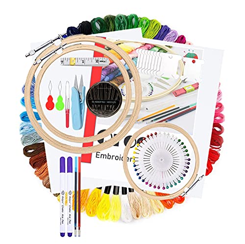 Qroof Embroidery Materials Starter Kit,50 Colour Threads,3 Pcs Bamboo Hoops,2 Pcs Aida Cloth And Cross Stitch Hand Embroidery Beginner Supplies Tool, Multicolour (Image - 1)