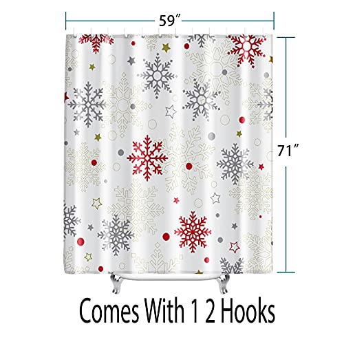 Christmas Shower Curtain Winter Snowflakes Shower Curtain Red Grey Big Small Snowflakes Holiday Shower Curtain With Hooks Waterproof Washable Polyester Fabric Merry Xmas Bathroom Decor (W59”×H71”) #TOP2
