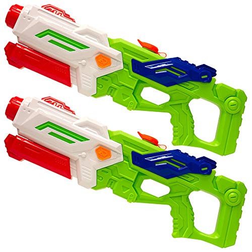 Blue Block Factory 2-Pack: Ultra Water Blaster Pump Action Water Gun Toy (Green) Double Barrel, High Pressure 32 ft Range, 1200cc Large Capacity - for Beach, Swimming Pool, Party, Games