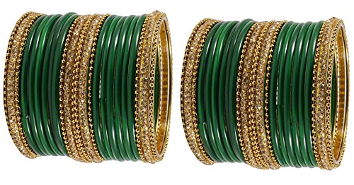 Image of NMII Glass With Zircon Gemstone Studded Worked and Ball Chain Or Plane Gloosy Finished Bangles Set For Women and Girls