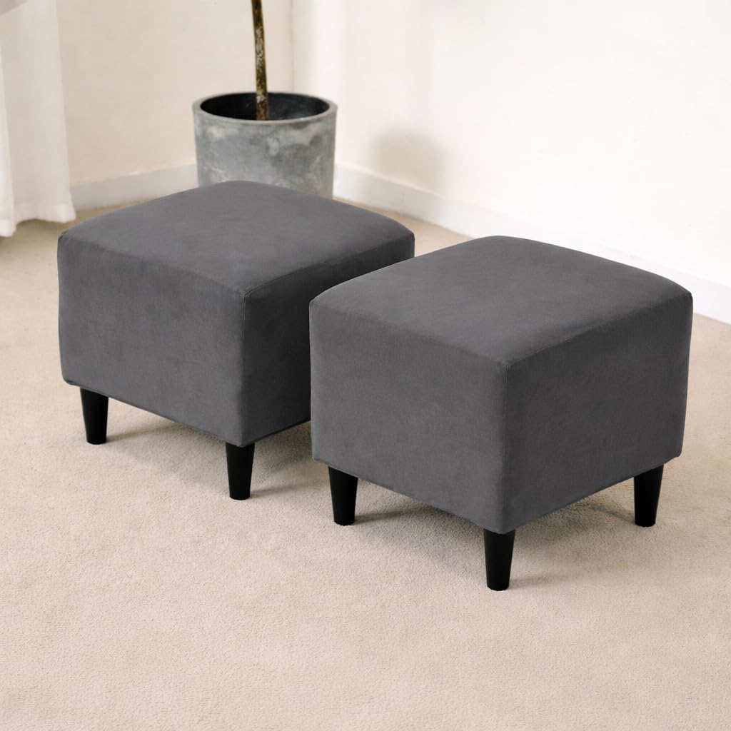 Gifts Island Pack of 2 Grey Plain Square Ottoman Cover Stretchable Elastic Washable Ottoman Protector for Stool, Pouffe, Footrest | Furniture Cover for Living Room Decor (Grey Plain)-image-2