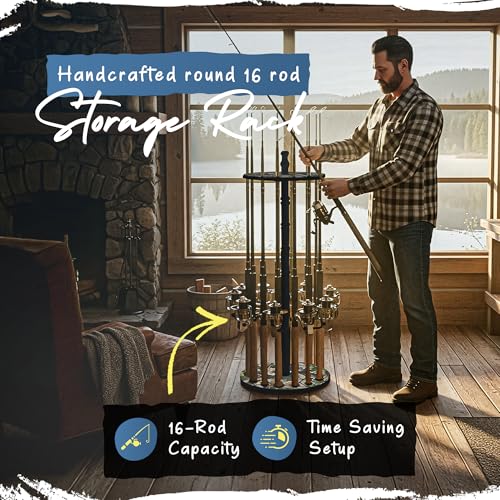 Image of Rush Creek Creations 16-Rod Round Fishing Rod Holder for Garage, 360 Access Fishing Pole Holder for Fishing Rods, Reels, and Gear, Securely Holds 16 Rods, Camouflage