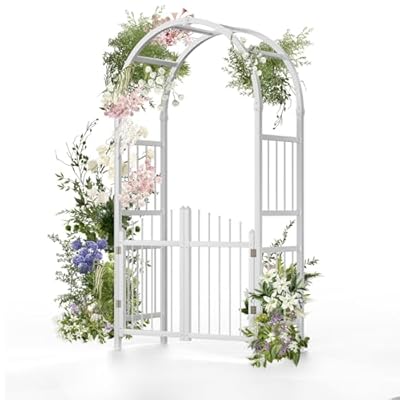 VINGLI Garden Arbor with Gate, PVC Wedding Arch for Ceremony Party, Trellis for Climbing Plants Outdoor for Backyard, Lawn