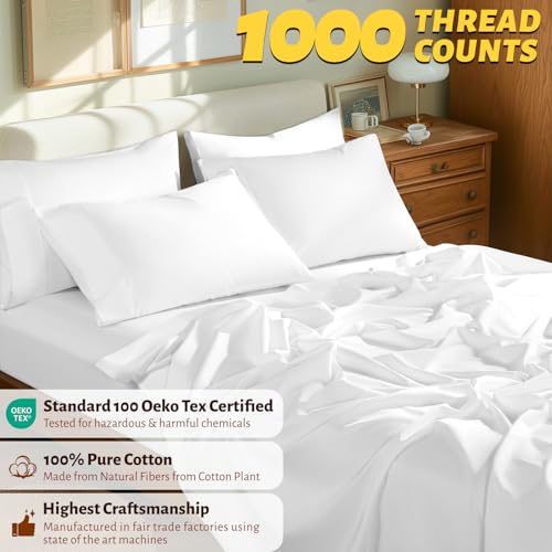 Shilucheng 100% Egyptian Cotton Queen Size Sheets Set - 1000 Thread Count,Luxury Cotton Bed Sheets,Breathable & Cooling Bedding and Pillow Cases, 16 Inch Deep Pocket - 6 Piece (White, Queen)