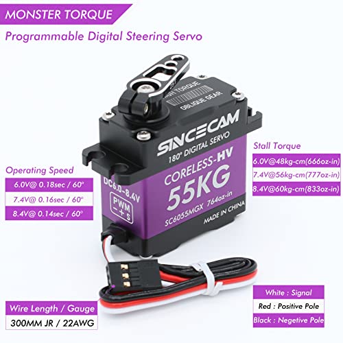 55Kg High Torque Servo 8.4V Coreless Servo 180 Degree Steering Servo Full Metal Oblique Gear Aluminum Case Waterproof 1/10 Rc Digital Servo Precise Shockproof Durable For 1/12 Rc Crawler Boat Robot #TOP4