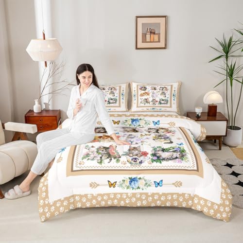 Parure de lit motif de chats mignons housse couette fleurs et papillon - 2
