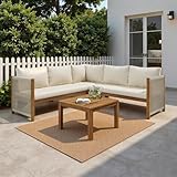 Sapgaks Ensemble de Salon de Jardin extérieur 5 Personnes,canapé d'angle + Table Basse,Cadre en Acacia,Plateau de Table en Acacia,Artisanat en Corde tressée (A Beige)
